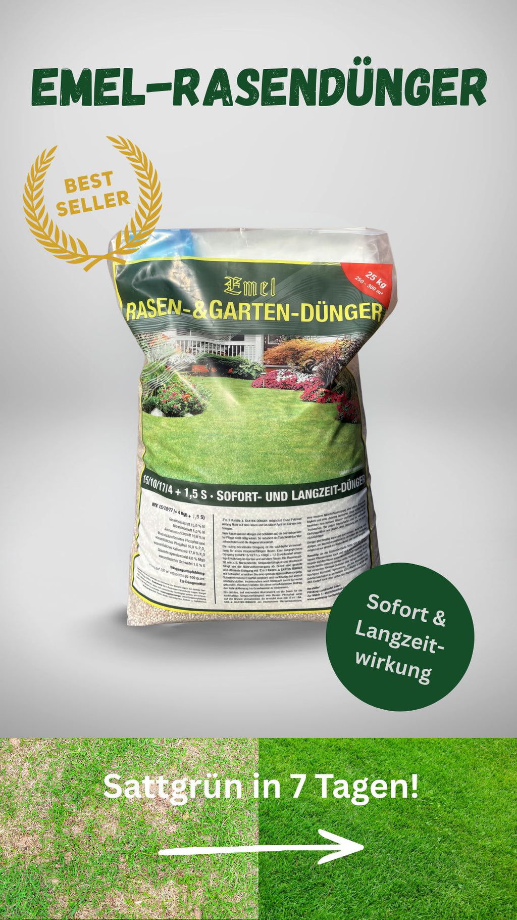 EMEL Rasendünger 25kg -  15+10+17+4 NPK Dünger Sofort & Langzeitwirkung